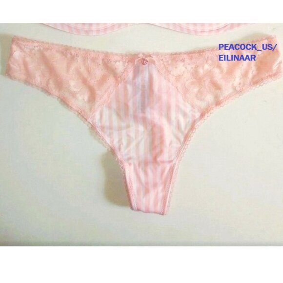 Victoria Secret Body by Victoria Satin Lace Thong Panty Size S Pink White Stripe - Picture 6 of 7